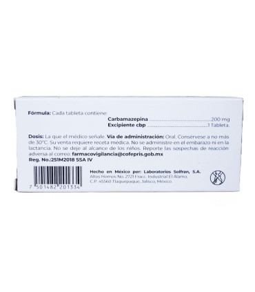 CARBAMAZEPINA "SOLPREXOL" (20 comprimidos de 200 mg) 💊🧠 - reverso