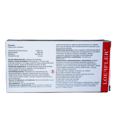 Acetónido de fluoninolona, Metronidazol, Nistatina Óvulo "LOEꟻFLER" 🌸💊 - reverso