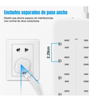 Regleta Multicontacto 12 en 1 con 8 Tomas CA + 4 Puertos USB