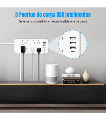Regleta Multicontacto 12 en 1 con 8 Tomas CA + 4 Puertos USB