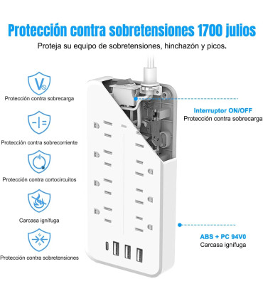 Regleta Multicontacto 12 en 1 con 8 Tomas CA + 4 Puertos USB