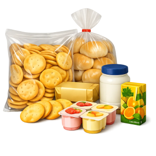 combo desayuno básico para Cuba con pan galletas yogurt y alimentos variados