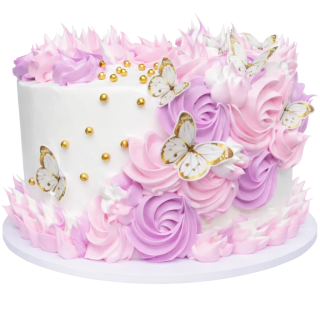 cake blanco decorado floral rosa y morado con mariposas para enviar a Cuba pastel elegante para cumpleaños familiar