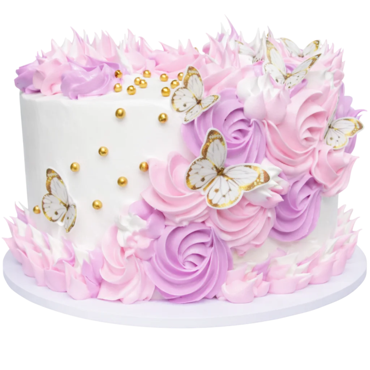 cake blanco decorado floral rosa y morado con mariposas para enviar a Cuba pastel elegante para cumpleaños familiar
