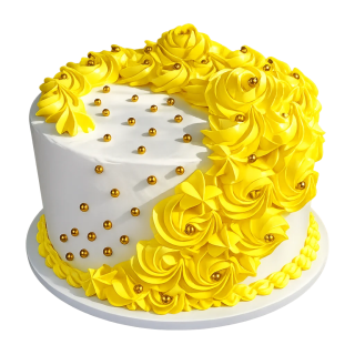cake blanco decorado con flores amarillas y perlas doradas para enviar a Cuba pastel elegante para cumpleaños familiar