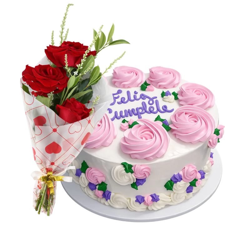 Cake Blanco con Flores Rosadas y Texto Personalizable (mediano)