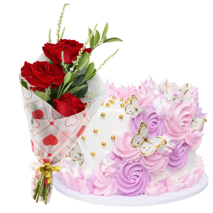 Cake Blanco Decorado Floral Rosa y Morado con Mariposas y Perlas Doradas (mediano)