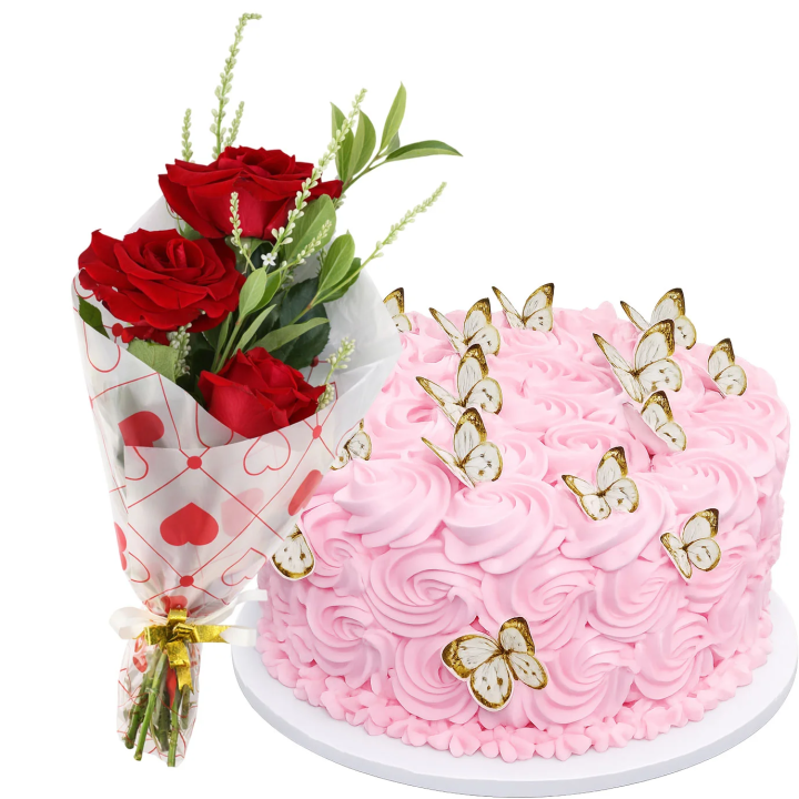 Cake Cubierto de Flores Rosadas y Mariposas (mediano)