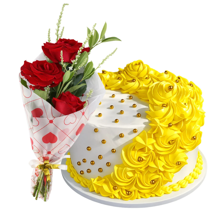 Cake Blanco con Racimo de Flores Amarillas y Perlas Doradas (mediano)