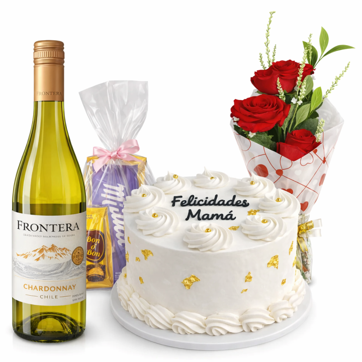 combo día de las madres con pastel flores chocolates y vino para enviar a Cuba regalo completo para mamá