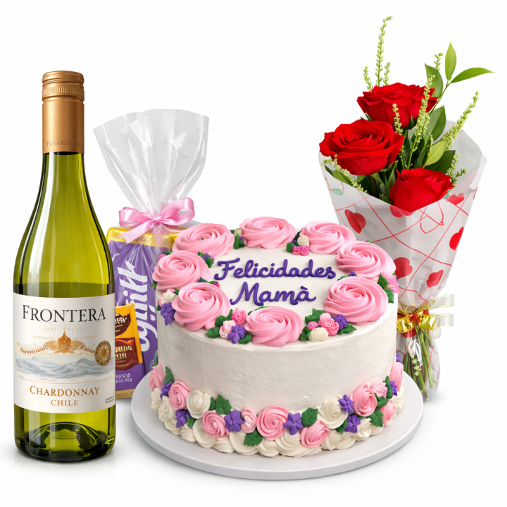 combo día de las madres con cake blanco flores rosadas flores chocolates y vino para enviar a Cuba regalo elegante para mamá